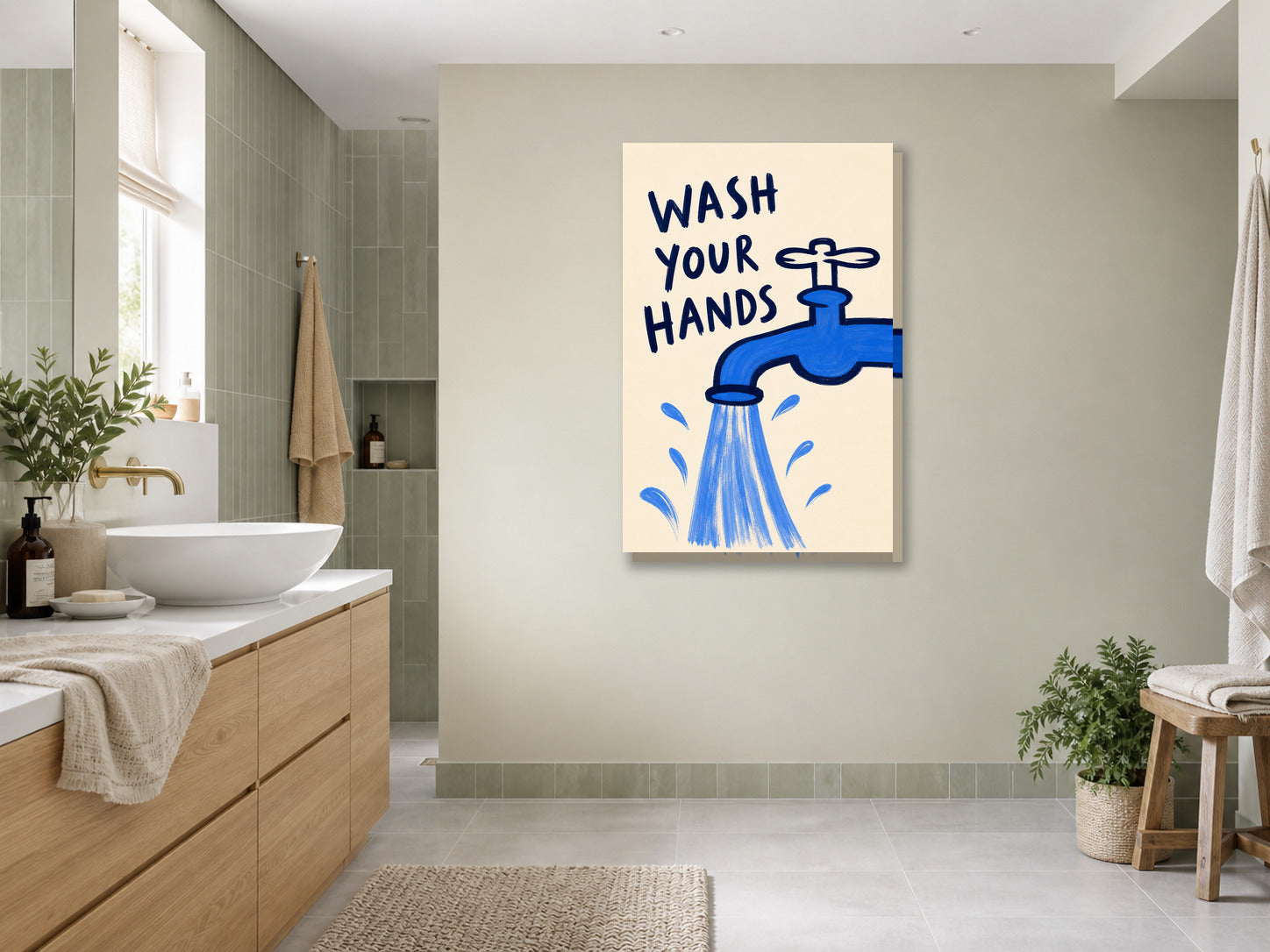 Plakat do łazienki Wash Your Hands z kranem mockup 3