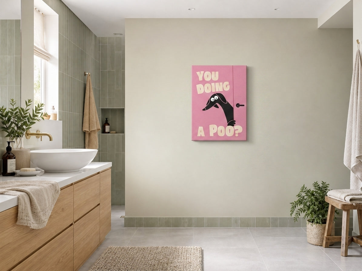 Plakat do łazienki You Doing a Poo? z jamnikiem mockup 2