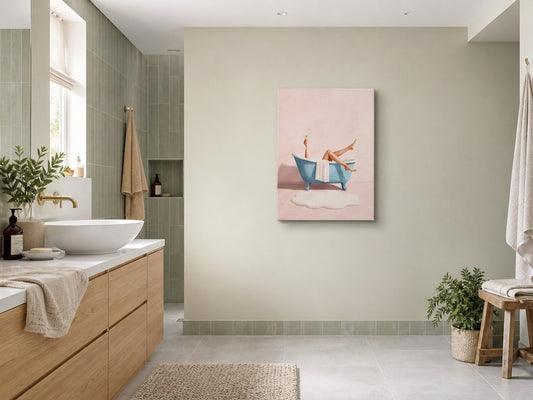 Plakat do łazienki z błękitną wanną i koktajlem mockup 2