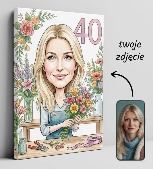 Karykatura florystka na 40 urodziny - personalizowany prezent glowne