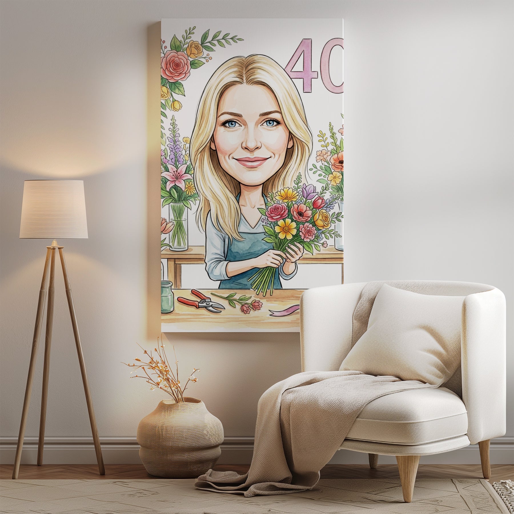 Karykatura florystka na 40 urodziny - personalizowany prezent mockup 2