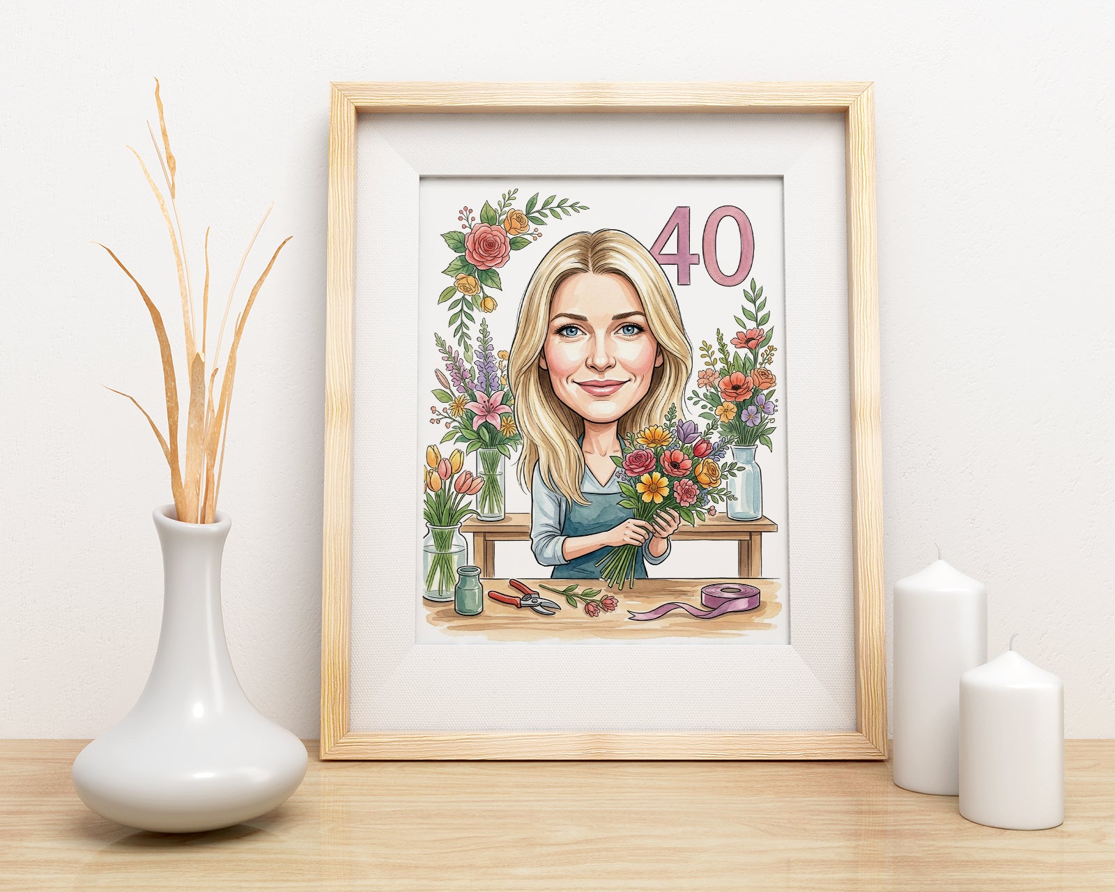 Karykatura florystka na 40 urodziny - personalizowany prezent mockup 3