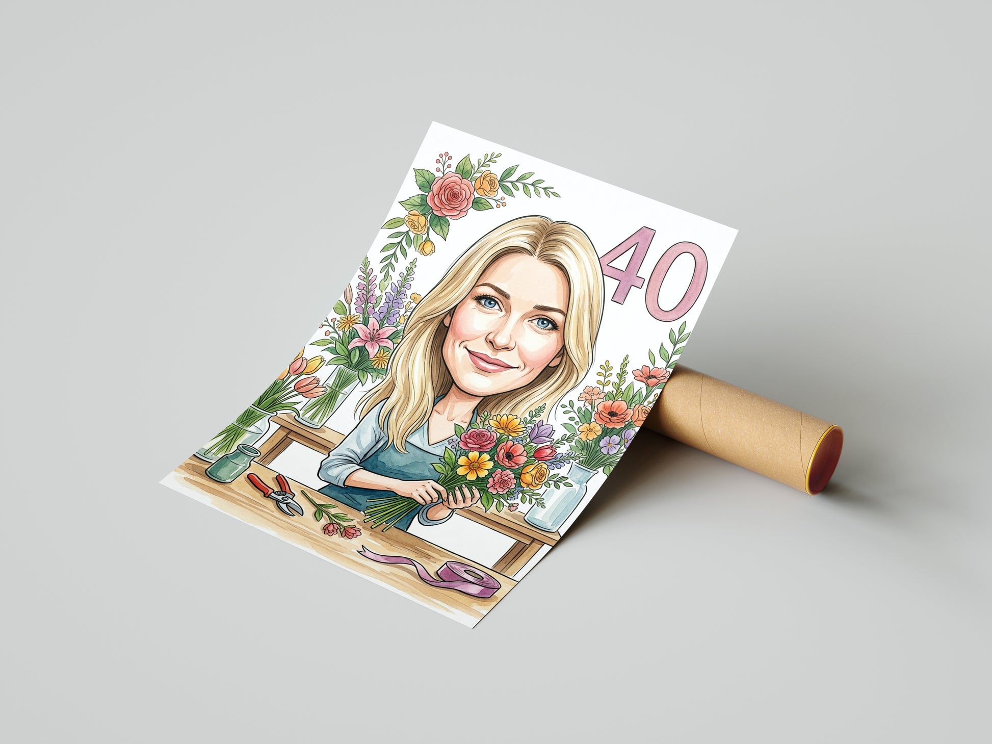 Karykatura florystka na 40 urodziny - personalizowany prezent mockup 4