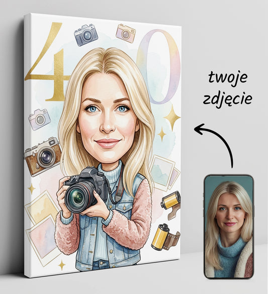 Karykatura fotografki na 40 urodziny - personalizowany prezent glowne