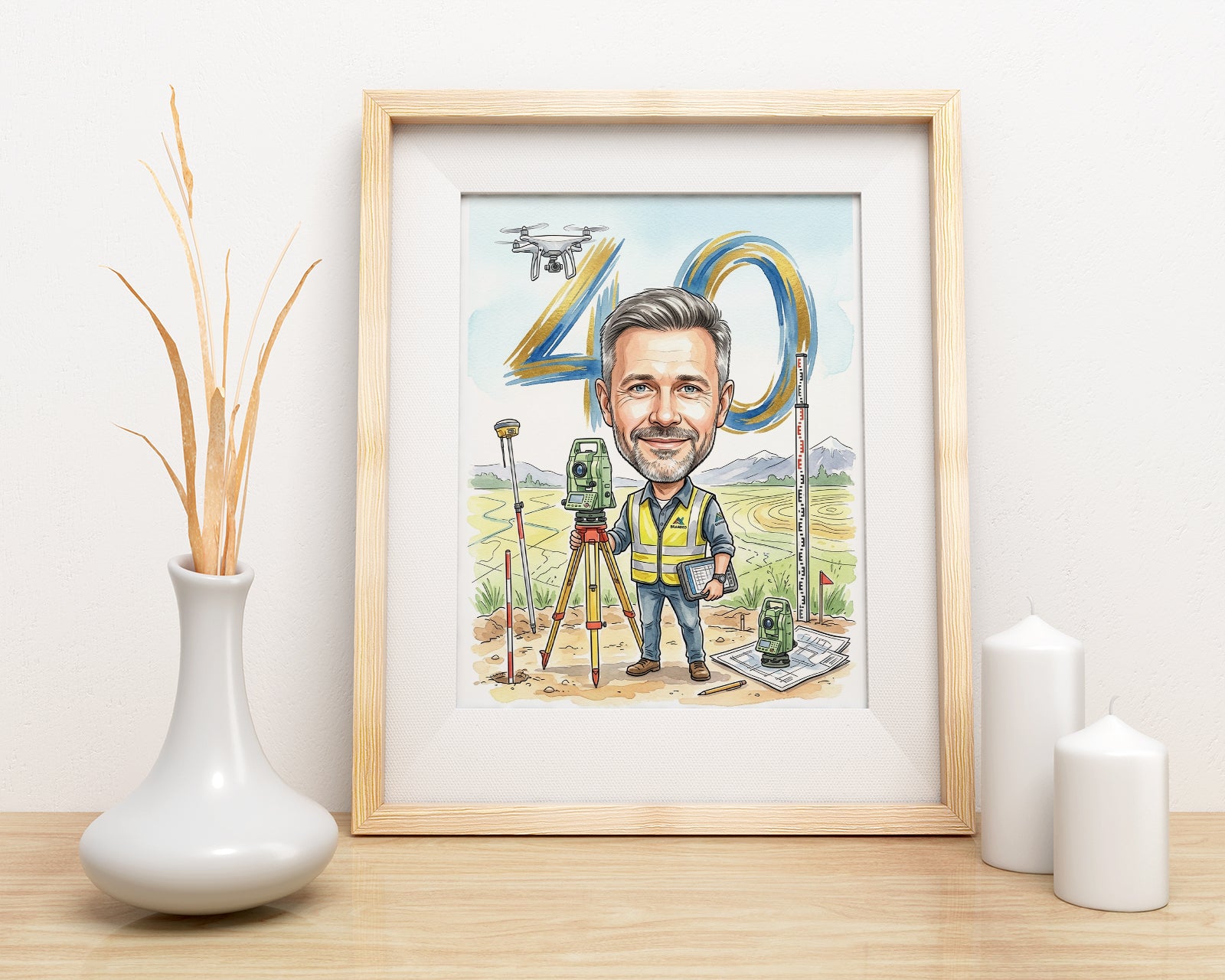 Pomysł na prezent dla geodety - karykatura na 40 urodziny ze zdjęcia mockup 3