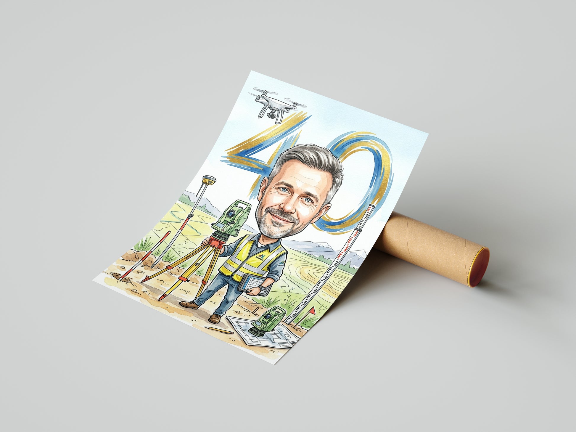 Pomysł na prezent dla geodety - karykatura na 40 urodziny ze zdjęcia mockup 4