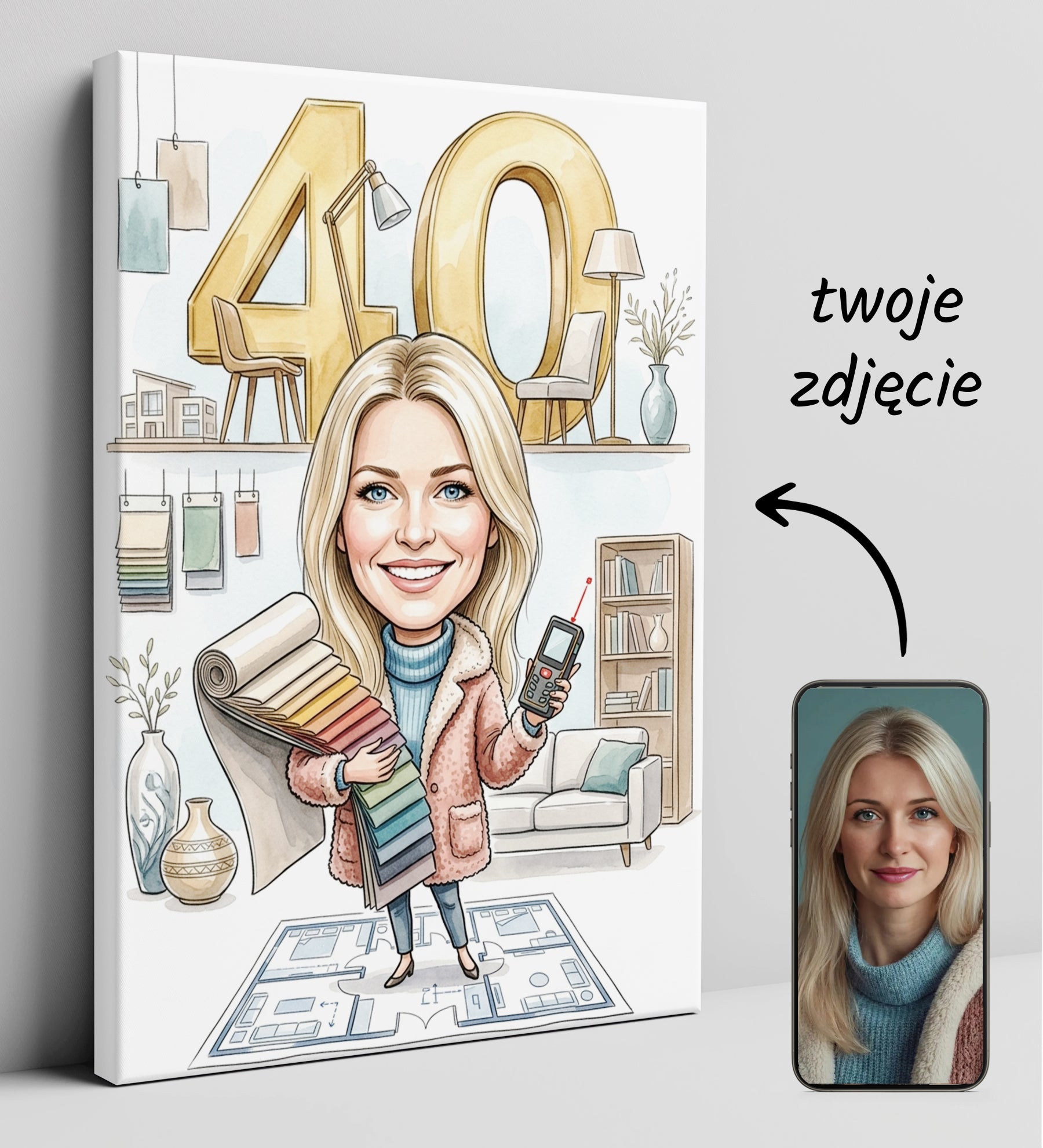Karykatura projektantka wnętrz na 40 Urodziny - Personalizowany glowne