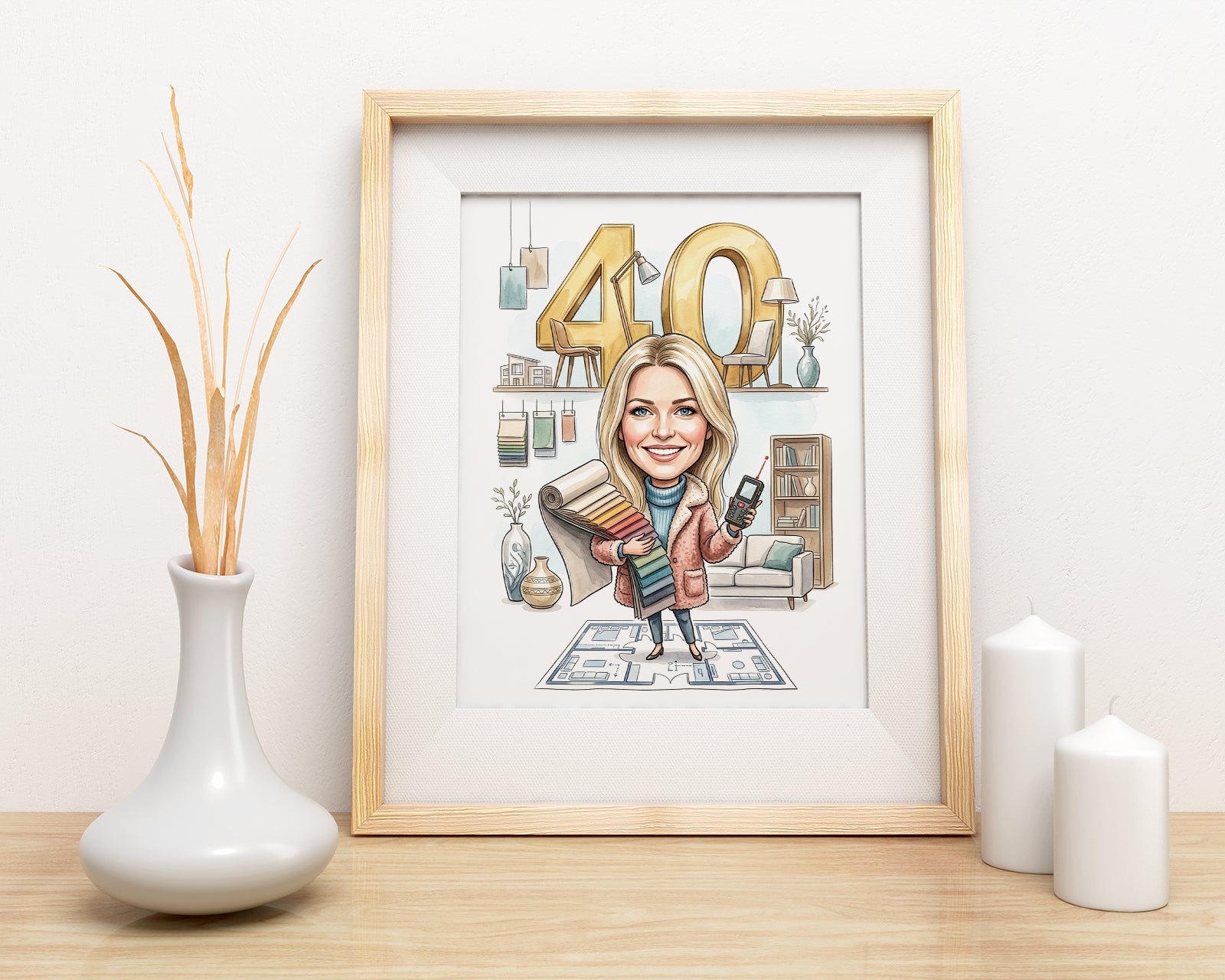 Karykatura projektantka wnętrz na 40 Urodziny - Personalizowany mockup 3