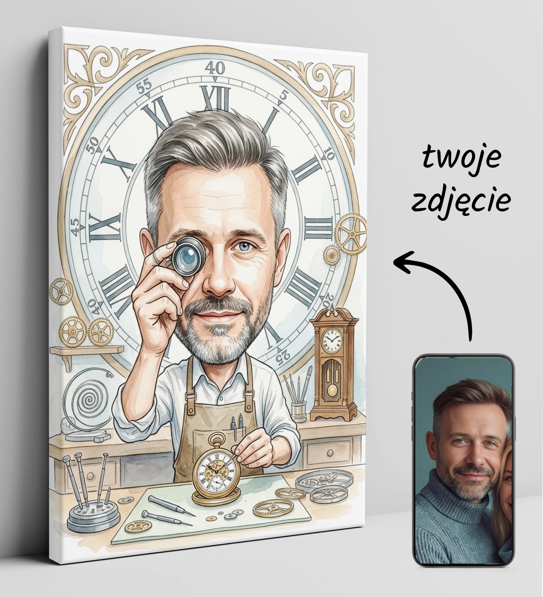 Pomysł na prezent dla zegarmistrza - karykatura personalizowana ze glowne