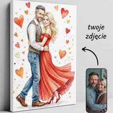 Biały canvas z ilustracją pary w objęciach i sercami na ślub lub rocznicę