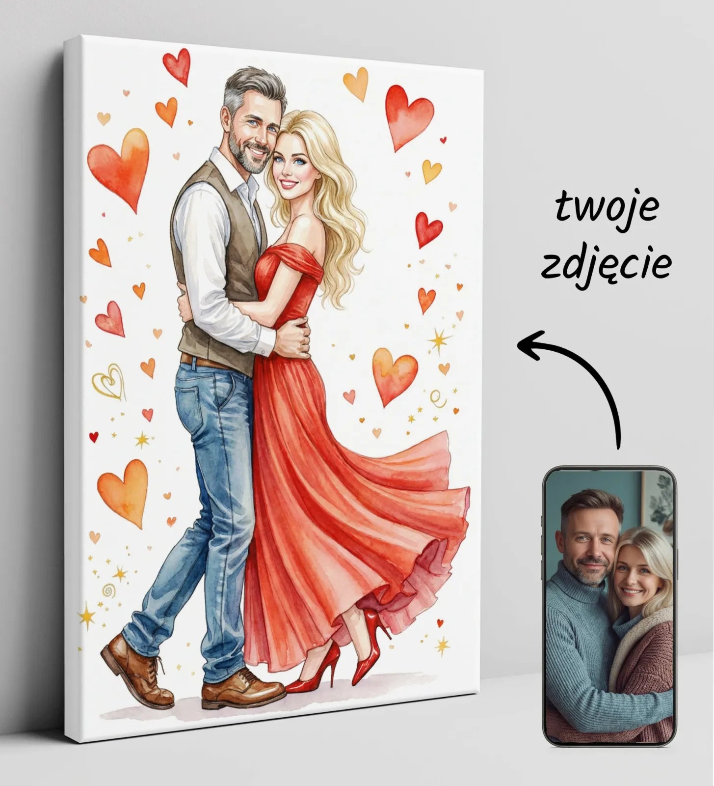 Biały canvas z ilustracją pary w objęciach i sercami na ślub lub rocznicę