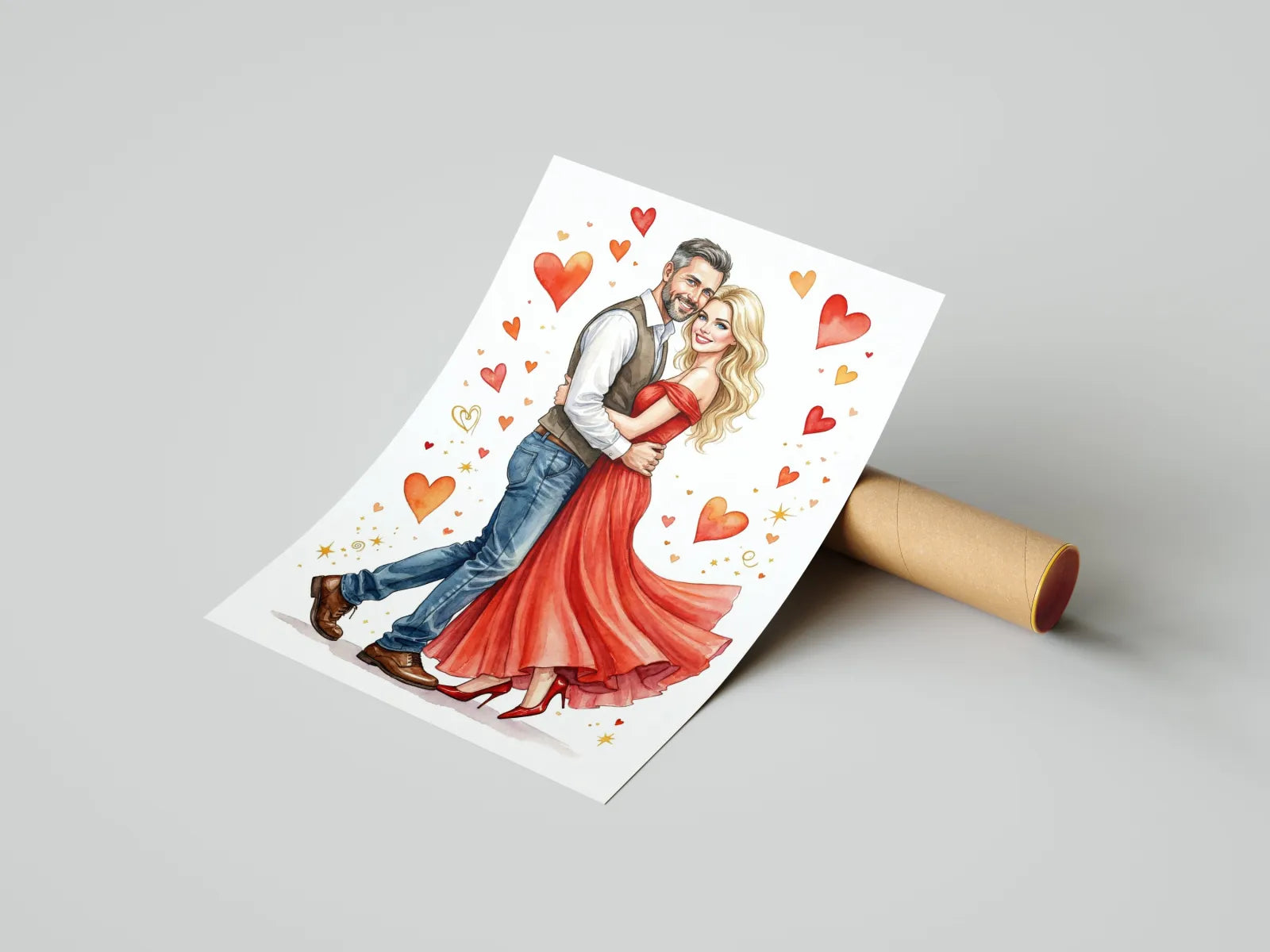 Ilustracja akwarelowa pary w objęciach z sercami, pomysł na prezent ślubny