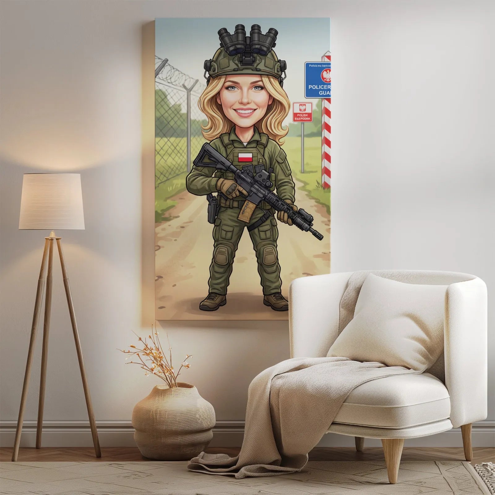 Karykatura kobiety w mundurze SG z flagą PL, karabinem i binokulami
