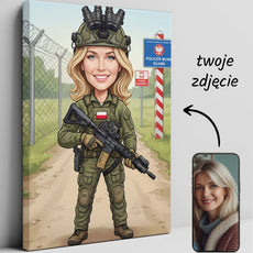 Karykatura kobiety w mundurze straży granicznej z karabinem i lornetką