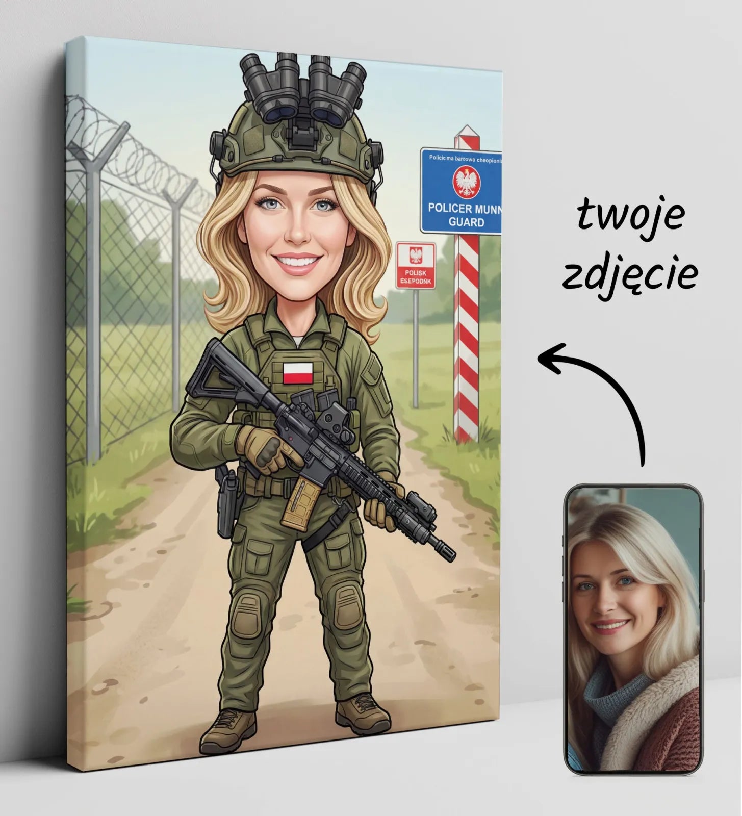 Karykatura kobiety w mundurze straży granicznej z karabinem i lornetką