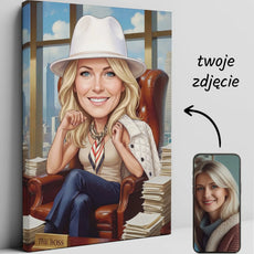 Biała fedora na blond bizneswomanie w biurze - portret dla szefowej