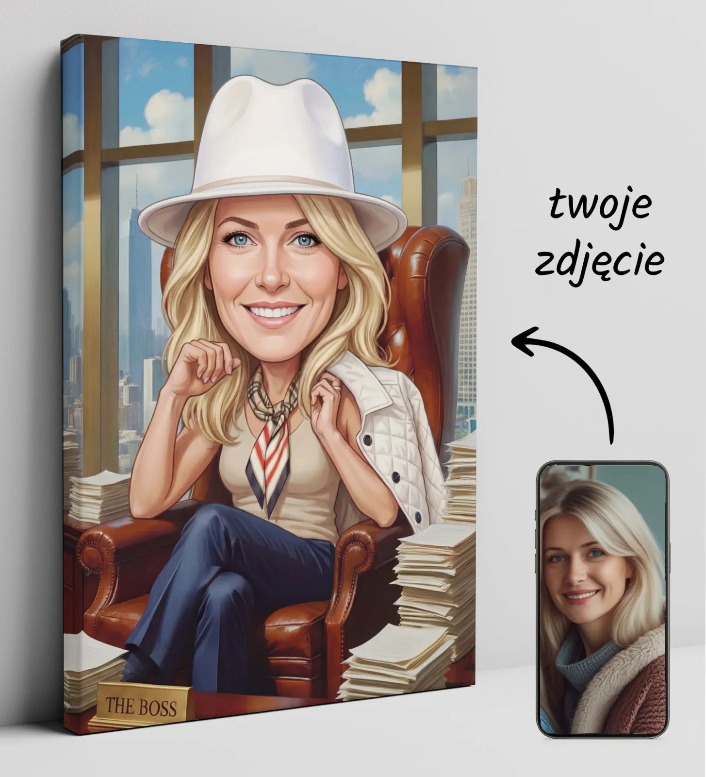 Biała fedora na blond bizneswomanie w biurze - portret dla szefowej