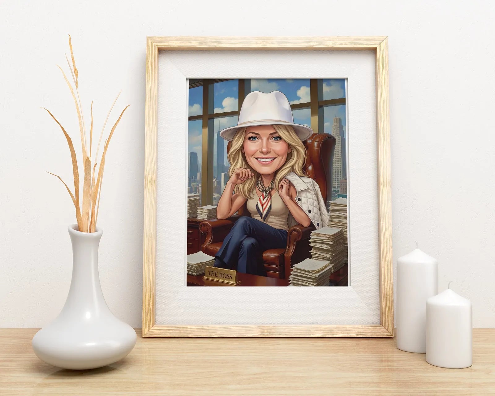 Ramka z karykaturą uśmiechniętej blond bizneswoman w białym fedorze w biurze