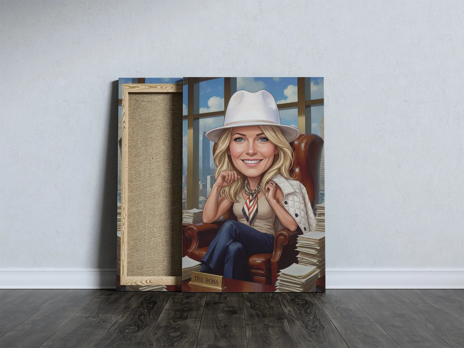 Ramy portret karykatury bizneswoman w białym fedorze w biurze