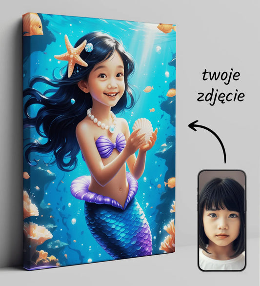 Personalizowany obrazek Mała Syrenka z dzieckiem w motywach morskich