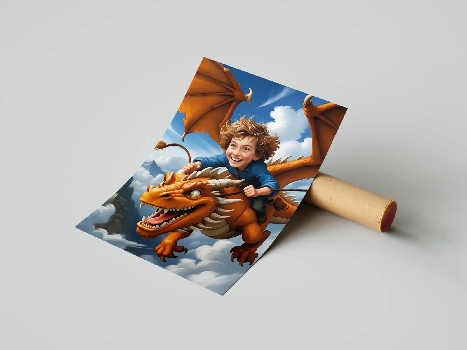 Fantastyczna grafika chłopca jeżdżącego na smoku w produkcie Portret dziecka
