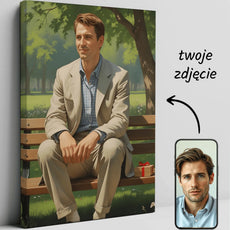 Canvas print of a man resembling Forrest Gump sitting on a park bench