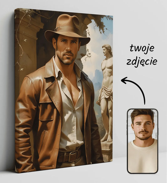 Portret Indiana Jones w stylu przygód archeologa na płótnie