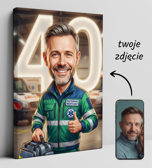 Personalizowany portret karykaturalny ratownika medycznego na 40 glowne