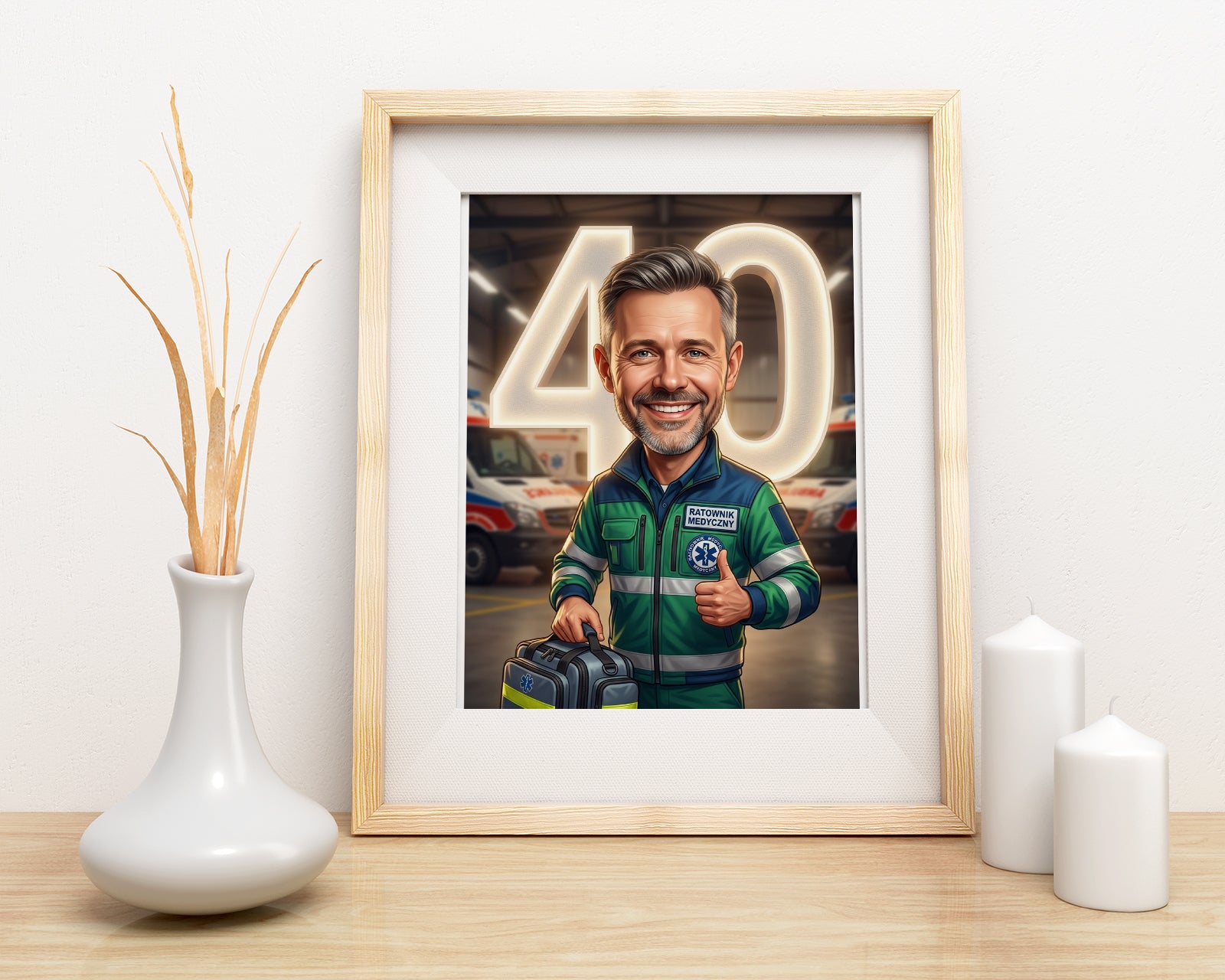 Personalizowany portret karykaturalny ratownika medycznego na 40 mockup 3