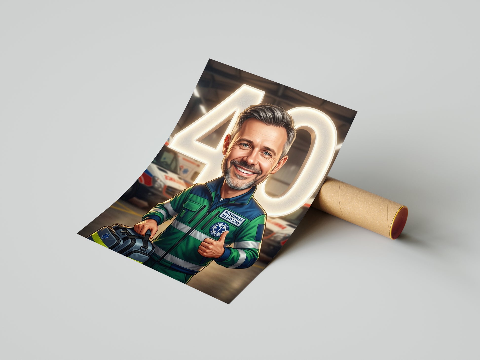 Personalizowany portret karykaturalny ratownika medycznego na 40 mockup 4