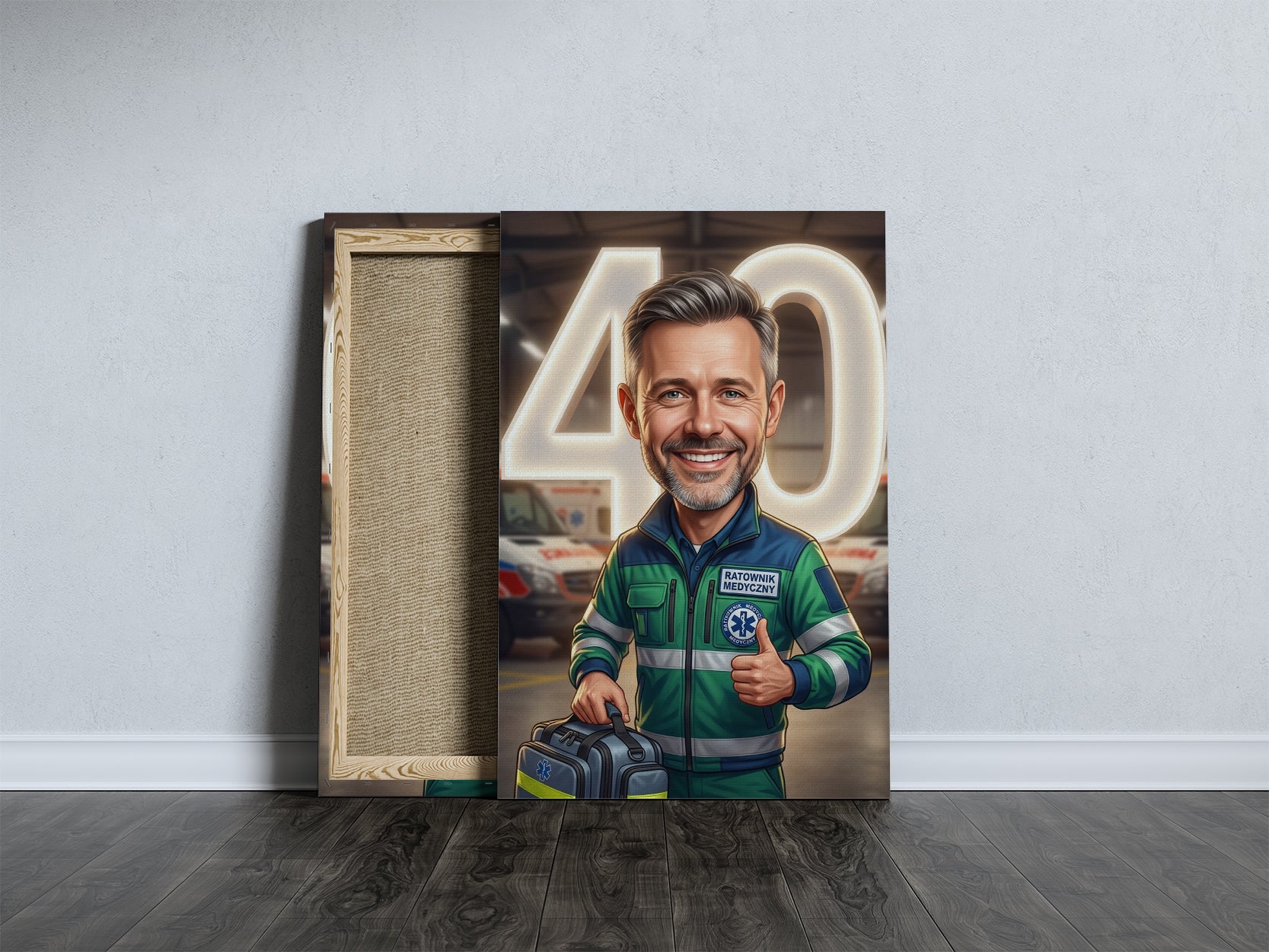 Personalizowany portret karykaturalny ratownika medycznego na 40 mockup 5