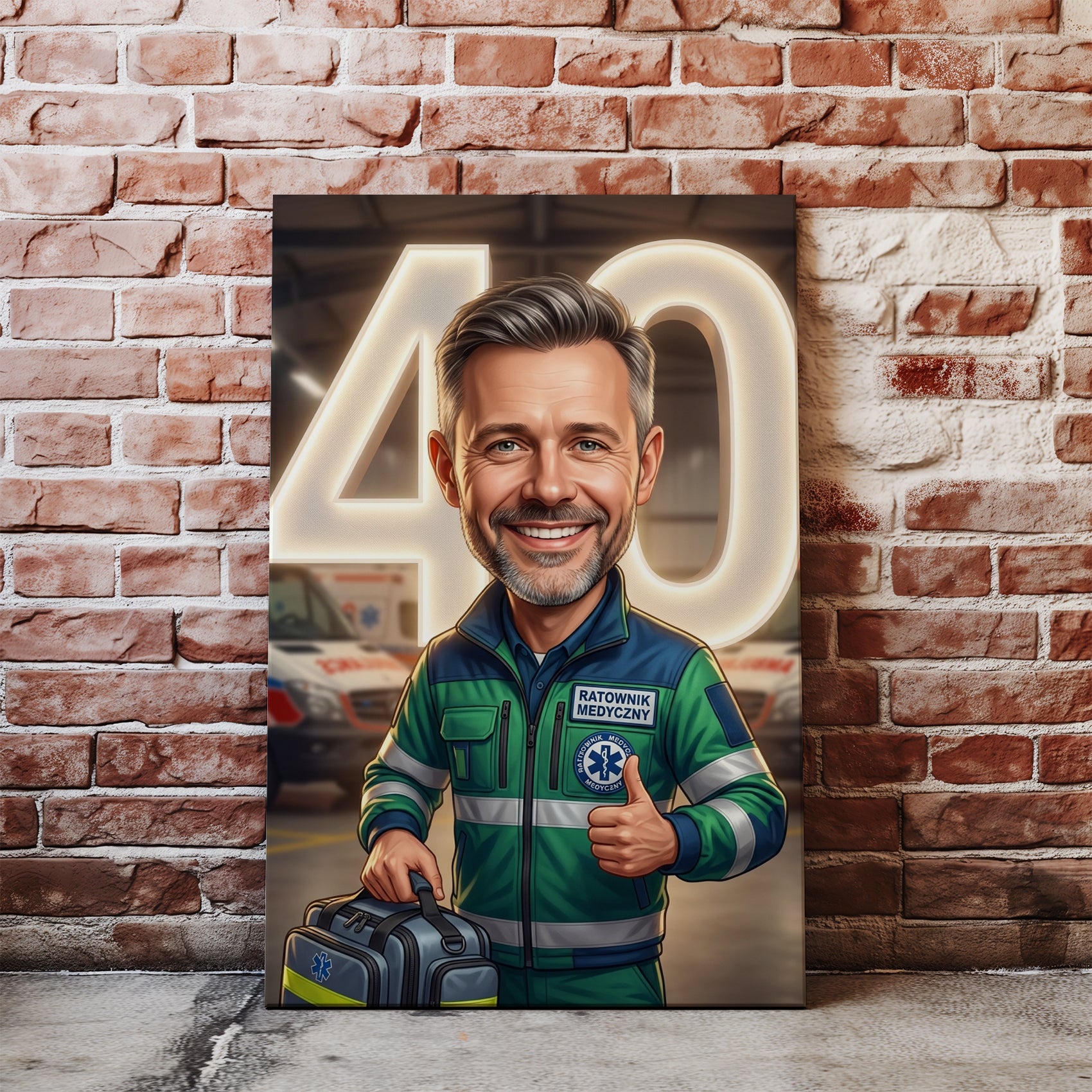 Personalizowany portret karykaturalny ratownika medycznego na 40 nacegle