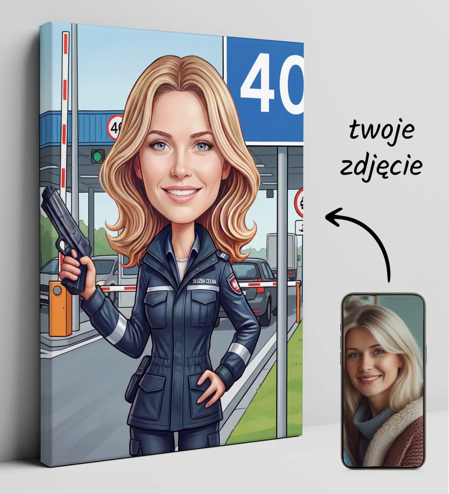 Karykatura celniczka z pistoletem na płótnie, personalizowana