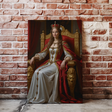 Portret Królowej na Tronie malowany na canvas z eleganckimi detalami