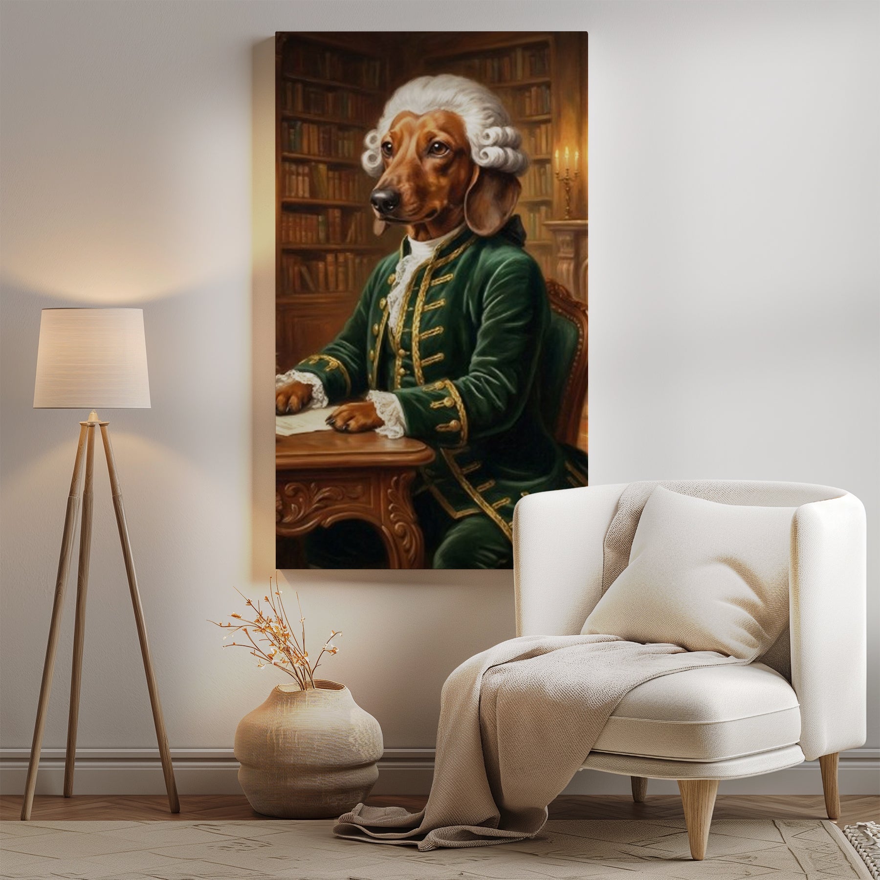 Królewski portret psa w historycznym stroju przy biurku mockup 0