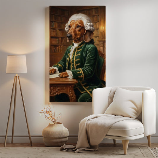 Królewski portret psa w historycznym stroju przy biurku mockup 0