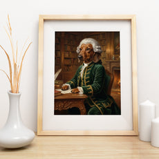 Królewski portret psa w historycznym stroju przy biurku mockup 1