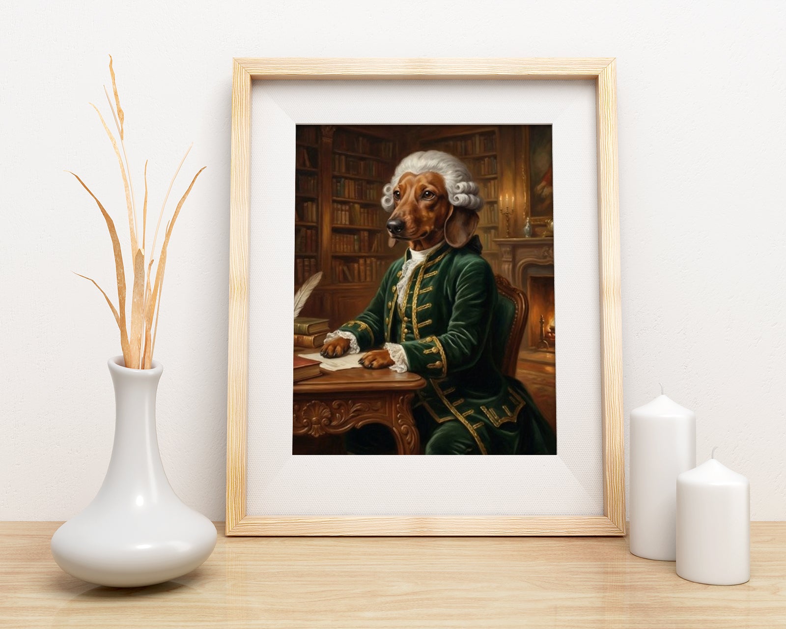 Królewski portret psa w historycznym stroju przy biurku mockup 1