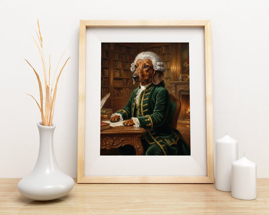 Królewski portret psa w historycznym stroju przy biurku mockup 1