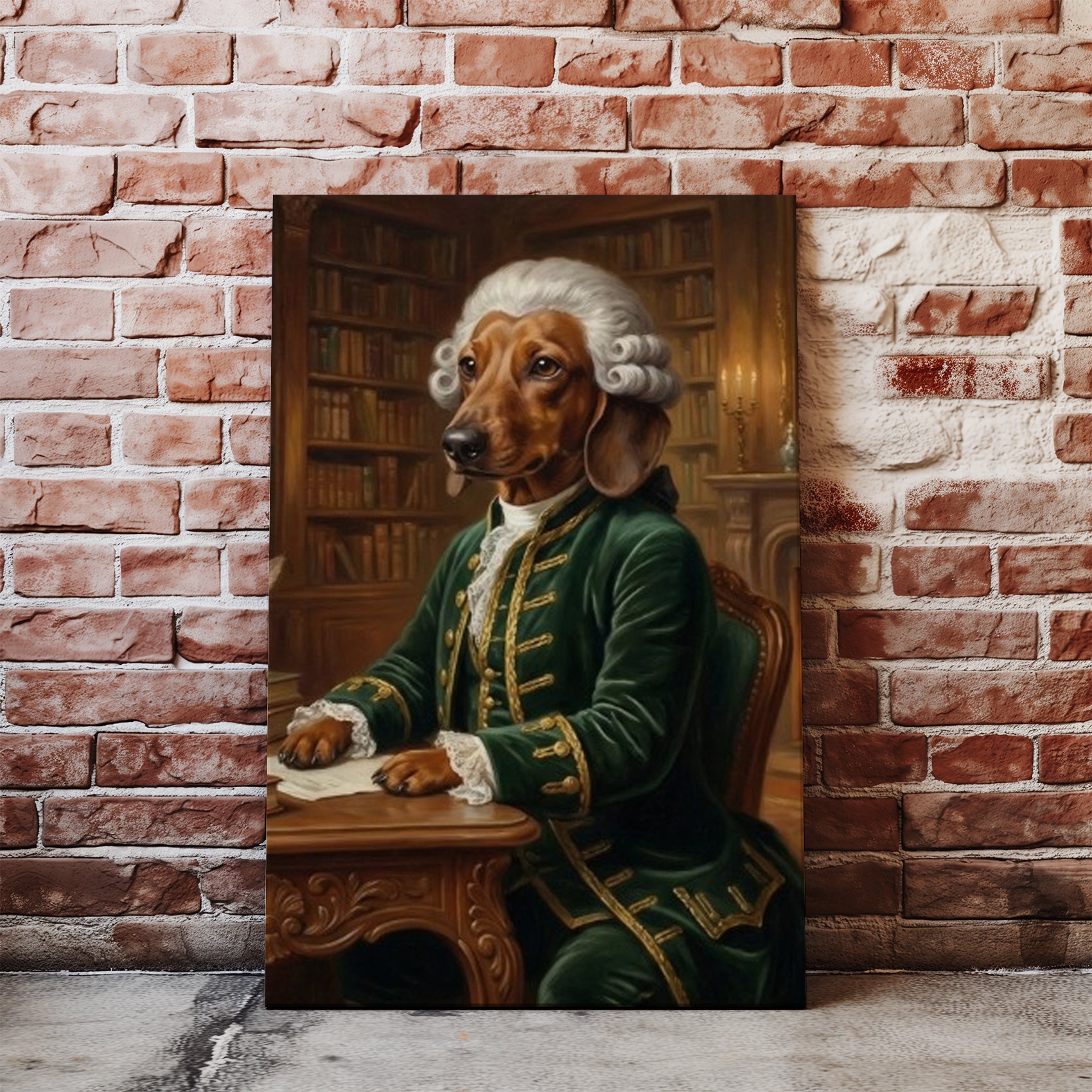 Królewski portret psa w historycznym stroju przy biurku mockup 2