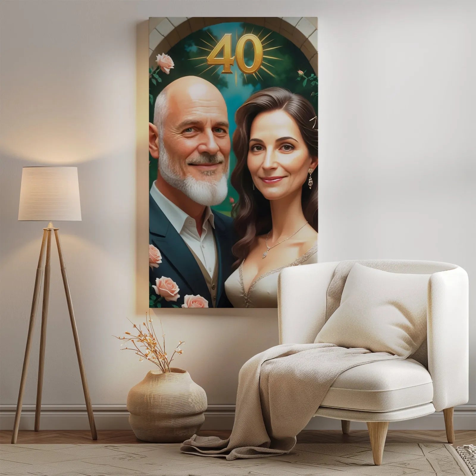 Framed portrait of a couple celebrating 40th anniversary in oil painting style