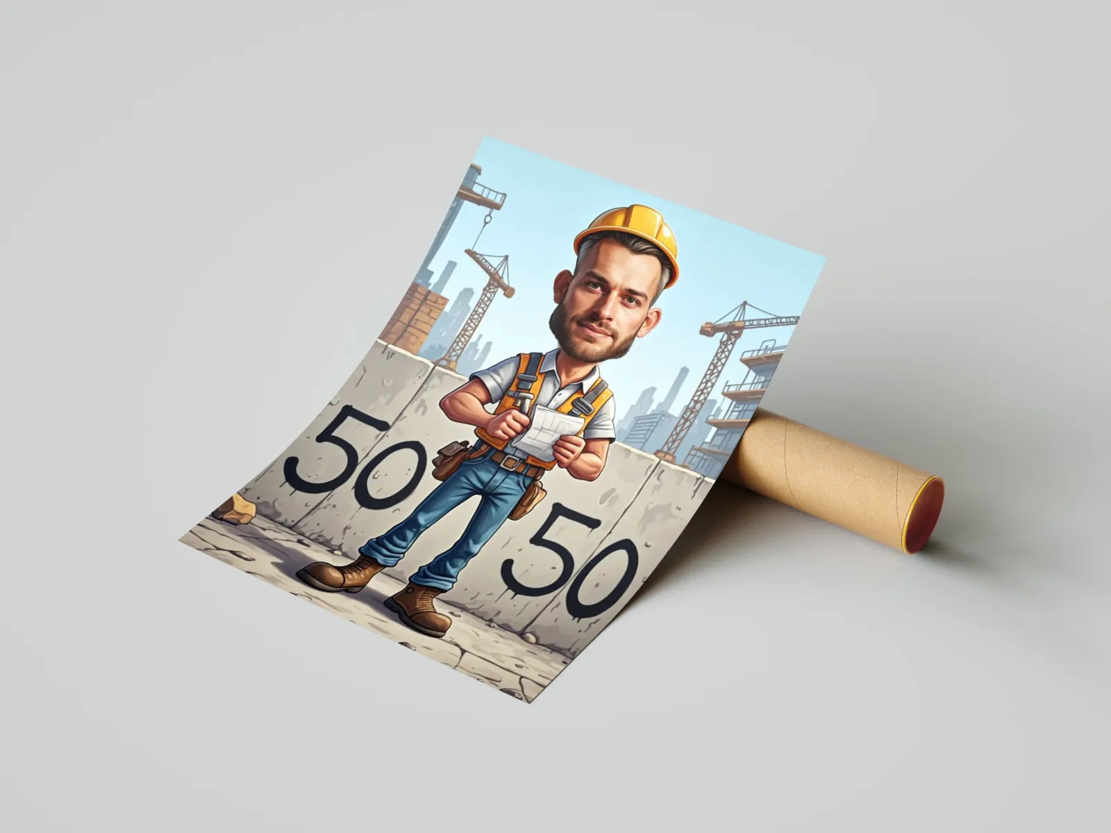 Cartoon construction worker poster na prezent dla budowlańca na urodziny