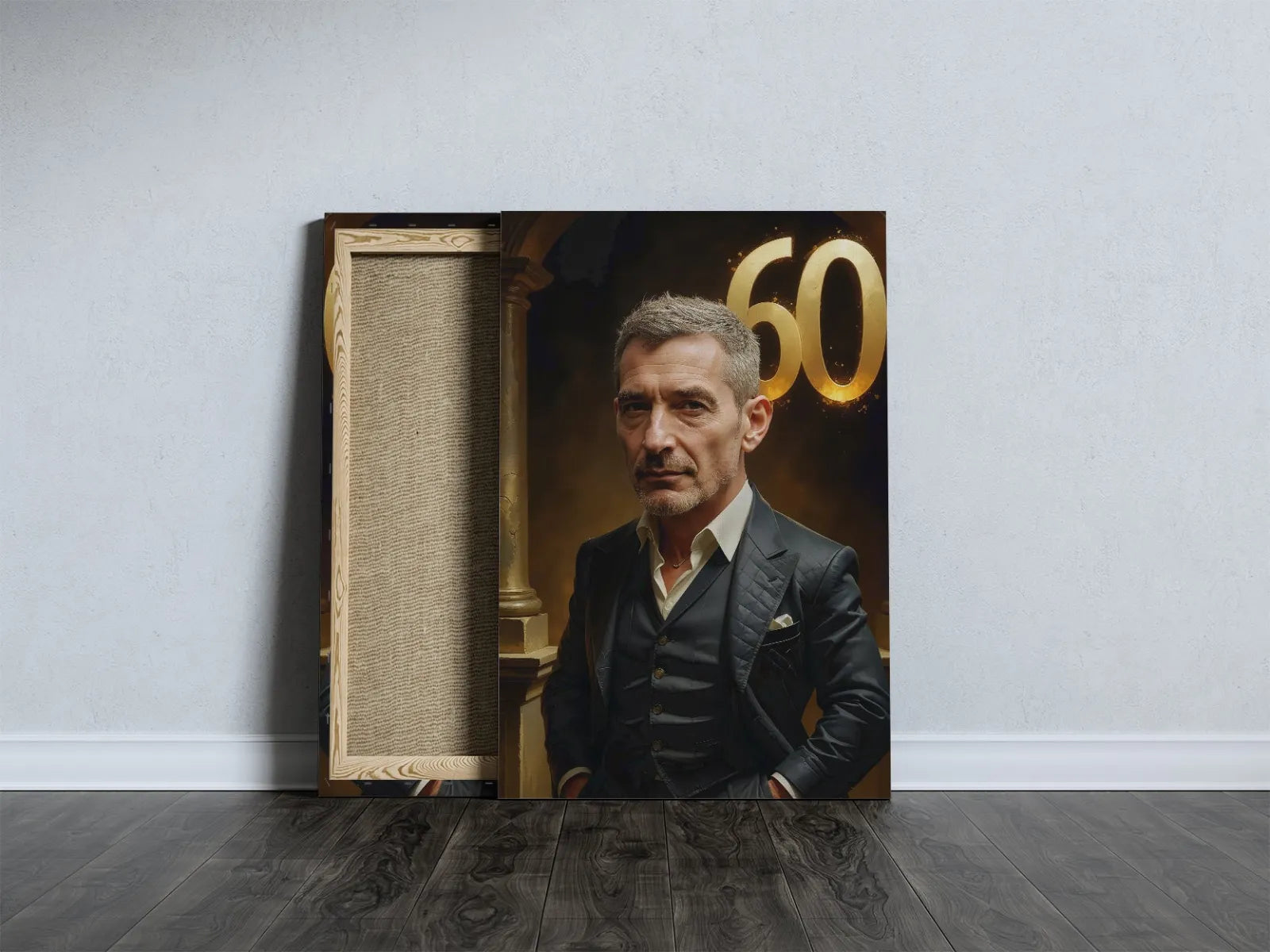 Canvas print z mężczyzną w garniturze i numerem 60 na urodziny kolegi