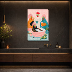 Śmieszny plakat do łazienki – Kury w domowym spa mockup 2