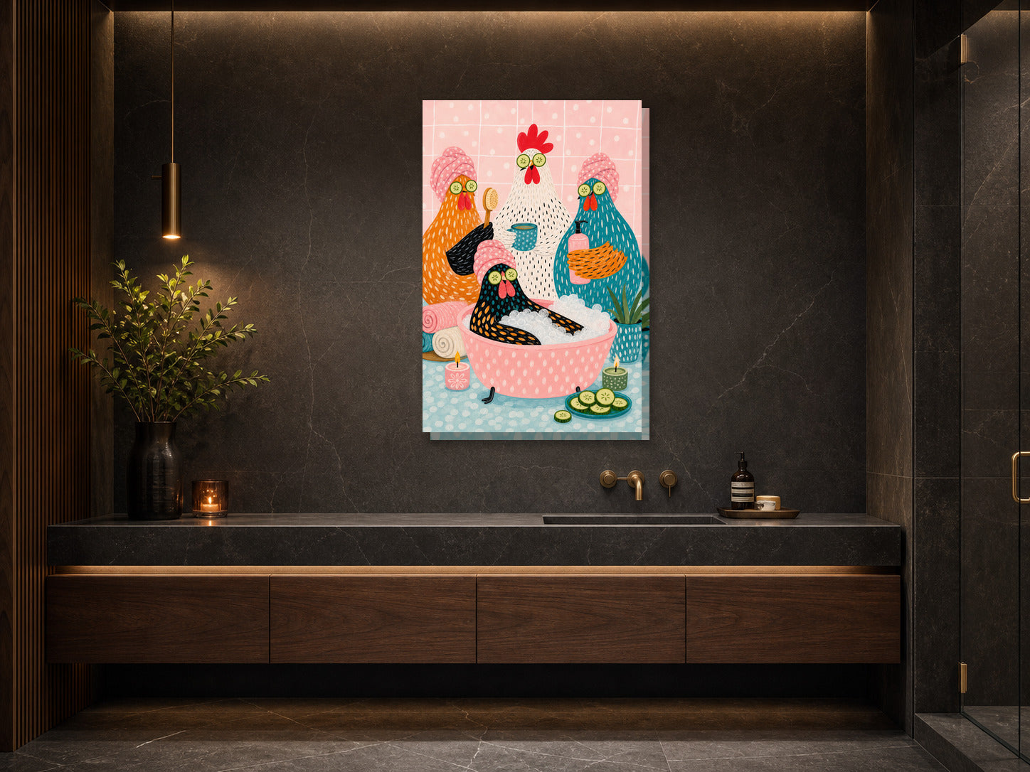 Śmieszny plakat do łazienki – Kury w domowym spa mockup 2