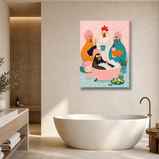 Śmieszny plakat do łazienki – Kury w domowym spa mockup 1