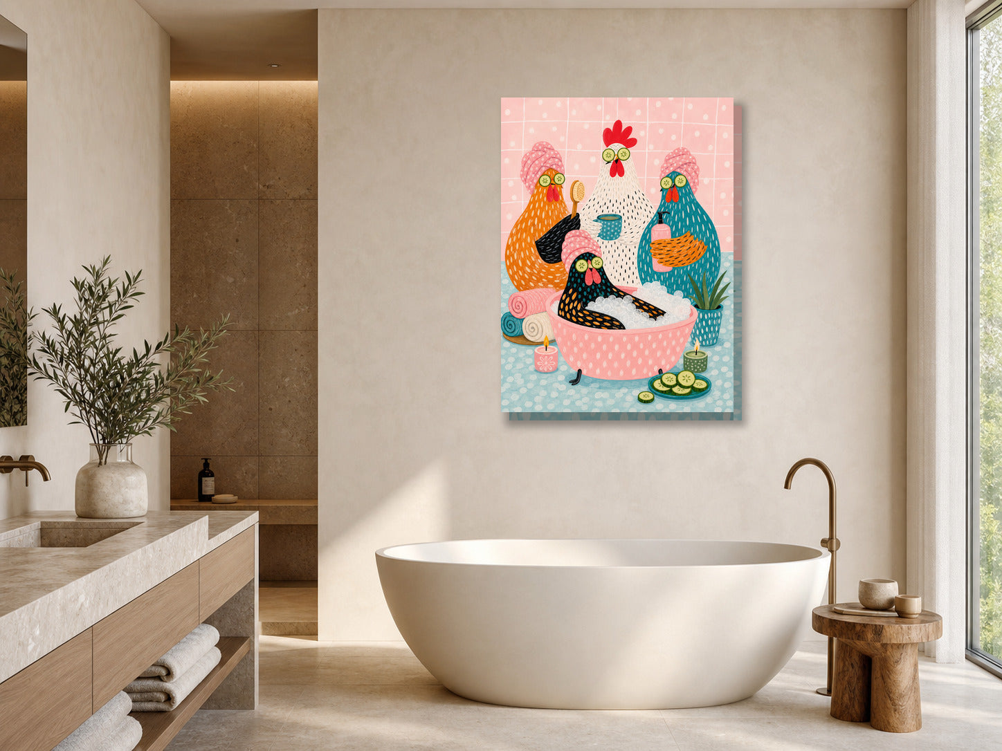 Śmieszny plakat do łazienki – Kury w domowym spa mockup 1
