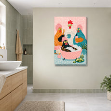 Śmieszny plakat do łazienki – Kury w domowym spa mockup 3