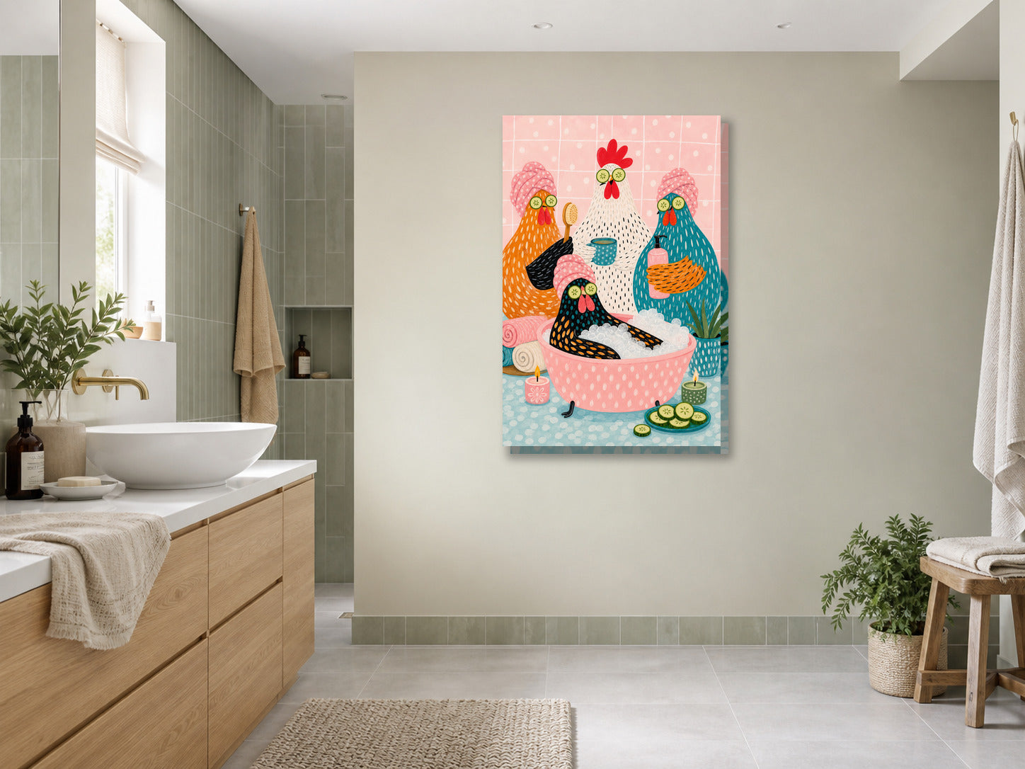 Śmieszny plakat do łazienki – Kury w domowym spa mockup 3