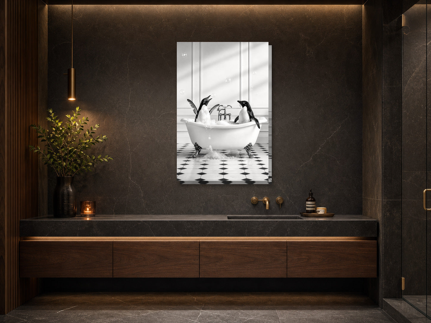 Śmieszny obraz do łazienki – pingwiny w wannie mockup 2